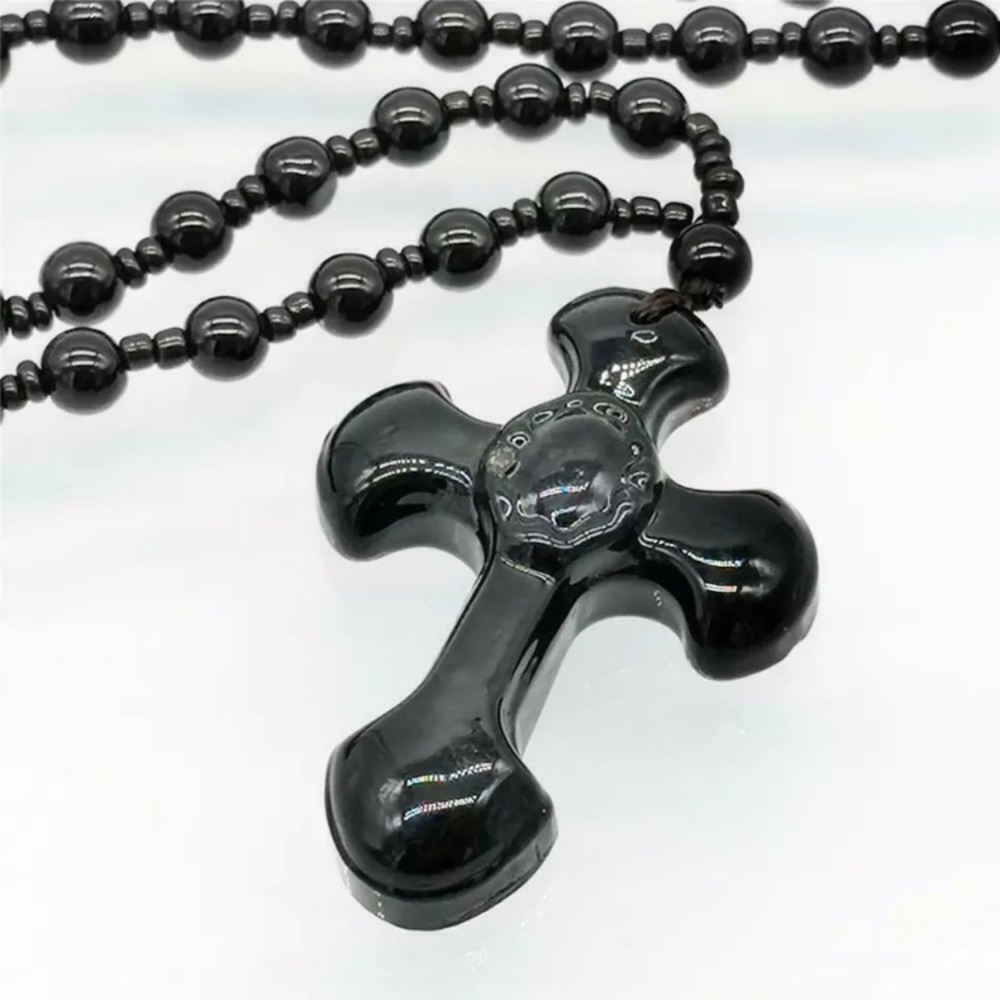 New Glossy Black Obsidian Crystal Stone Cross Beaded Necklace Jewelry Gifts